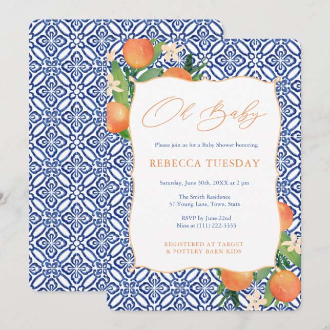 Citrus Sinensis Oranges Positano Blue Baby Shower Invitation (Front/Back)