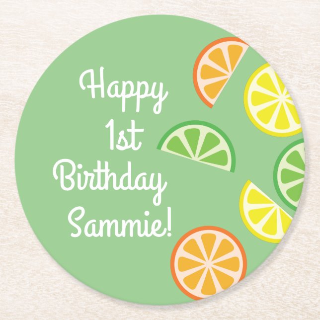 Citrus Slice Kid's Birthday Summer Round Paper Coaster (Front)