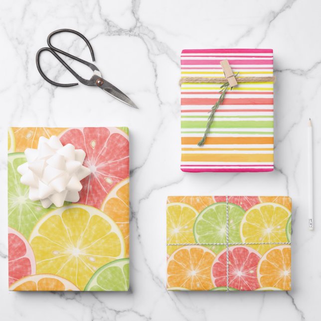 Citrus Slices and Stripes Wrapping Paper Sheet (Front)
