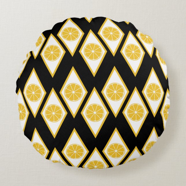 Citrus Slices in Modern Diamond Pattern Round Cushion (Front)