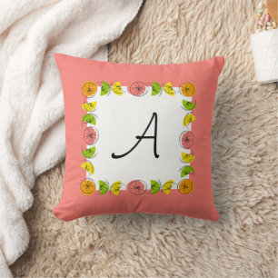 Citrus Square Pink Monogram square Throw Pillow