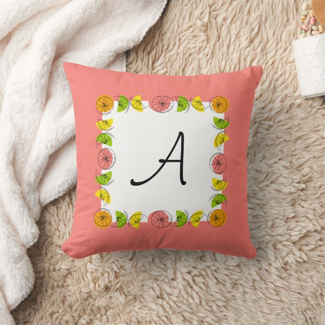 Citrus Square Pink Monogram square Throw Pillow (Blanket)
