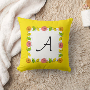 Citrus Square Yellow Monogram square Throw Pillow