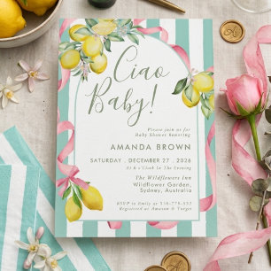Citrus Summer Lemon Bow Itallian Ciao Baby  Shower Invitation