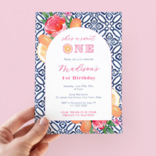 Citrus Sweet One Blue Tile 1st Birthday Party Invitation