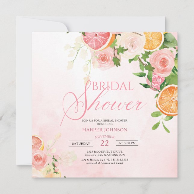 Citrus Theme Fruit Pink Floral Bridal Shower Invitation (Front)