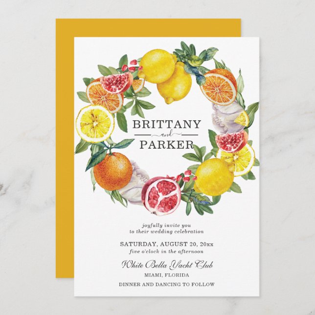 Citrus Watercolor Botanical Wreath Wedding Invitation (Front/Back)