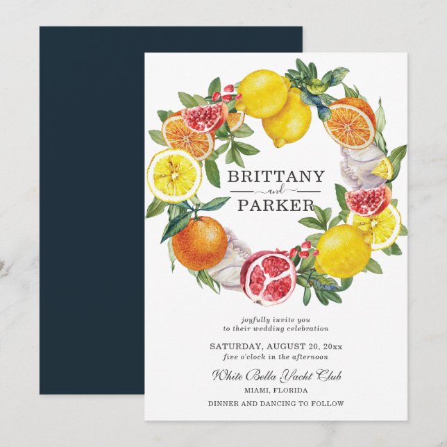 Citrus Watercolor Botanical Wreath Wedding Invitation (Front/Back)
