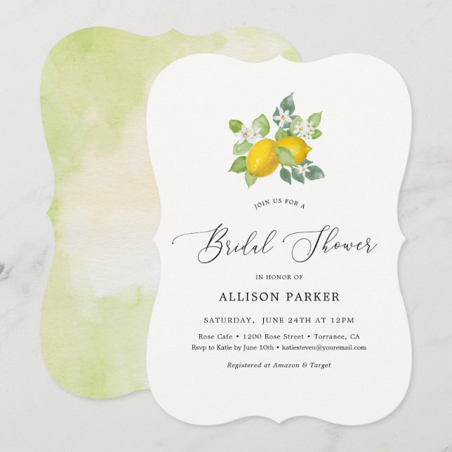 Citrus Watercolor Lemon Summer Bridal Shower Invitation (Front/Back)