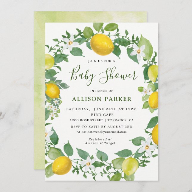 Citrus Watercolor Lemon Themed Baby Shower Invitation (Front/Back)
