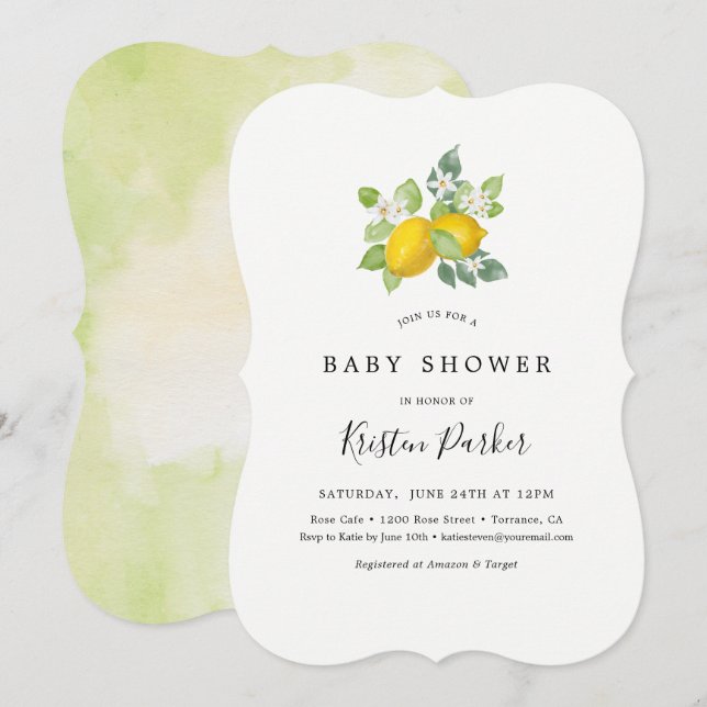 Citrus Watercolor Lemon Themed Baby Shower Invitation (Front/Back)