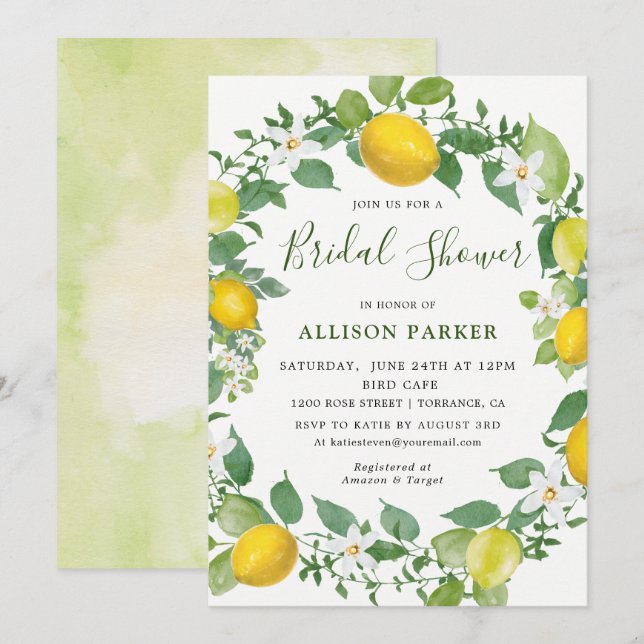 Citrus Watercolor Lemon Themed Bridal Shower Invitation (Front/Back)