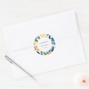Citrus Watercolor Modern Blue Orange Bridal Shower Classic Round Sticker