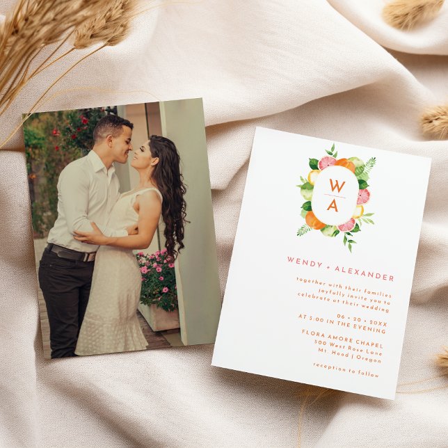 Citrus Watercolor Monogram Crest Photo Wedding Invitation (Creator Uploaded)