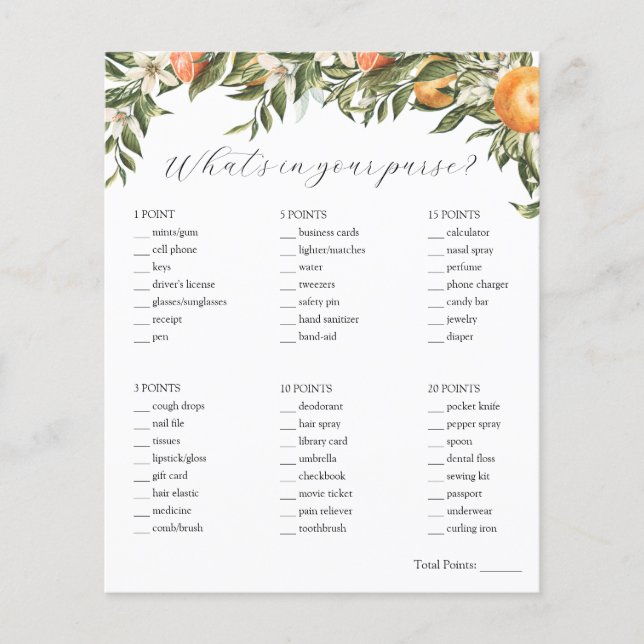 Citrus What's in Your Purse Bridal Shower Game  (Front)