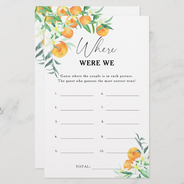 Citrus - Where were we bridal shower game (Front/Back)