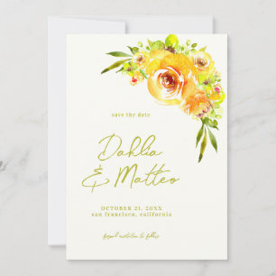 Citrus Yellow and Green Watercolor Floral Wedding Save The Date