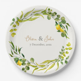 Citrus Yellow and Green Watercolor Lemon Wedding Paper Plate
