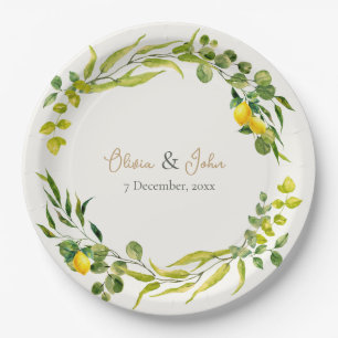 Citrus Yellow and Green Watercolor Lemon Wedding Paper Plate