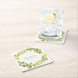 Citrus Yellow and Green Watercolor Lemon Wedding Square Paper Coaster