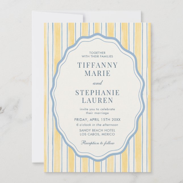 Citrus Yellow Elegant Modern Stripe Wedding Invitation (Front)