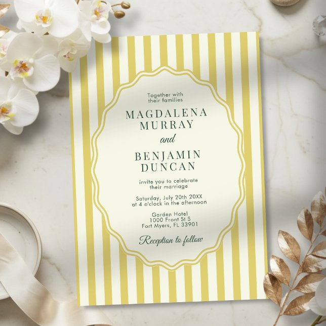 Citrus Yellow Green Elegant Modern Stripe Wedding Invitation (Creator Uploaded)