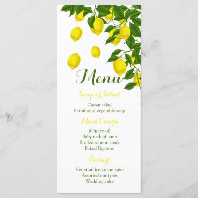 Citrus Yellow Menu Lemon & Green Wedding Party (Front)