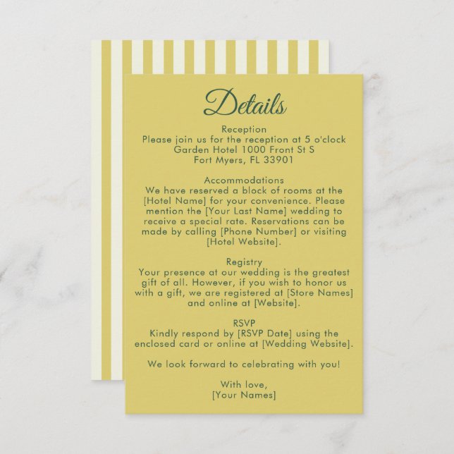 Citrus Yellow Olive Green and Ivory Wedding Detail Enclosure Card (Front/Back)