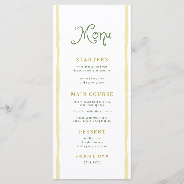 Citrus Yellow Stripe Coastal Beach Summer Wedding Menu (Front)