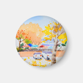 City autumn scenery watercolor magnet