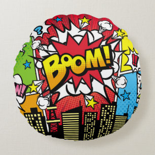 City background material with comic art style spee round cushion