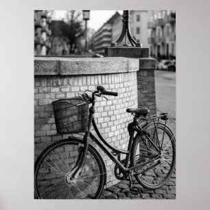 City Bicycle with Basket Against Brick Wall Urban Poster