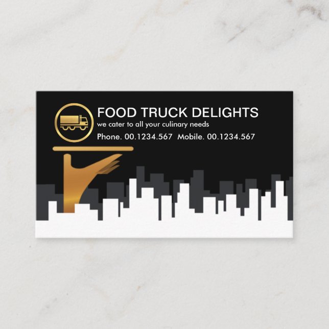 City Block Skyline Gold Waiter Hand Business Card (Front)