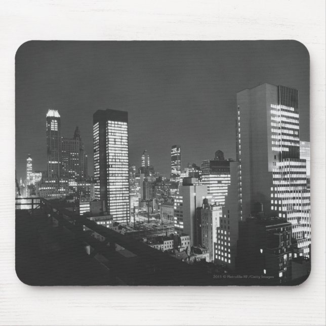City buildings at night B&W, elevated view Mouse Mat (Front)