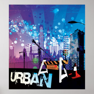 City buildings urban with closed road poster print