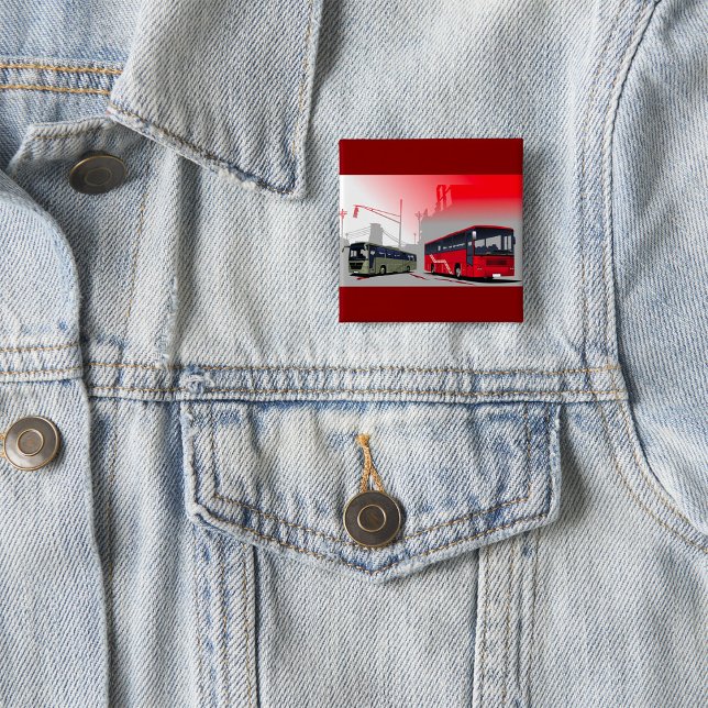 City Buses Red Green Coaches on Urban Street 15 Cm Square Badge (Creator Uploaded)