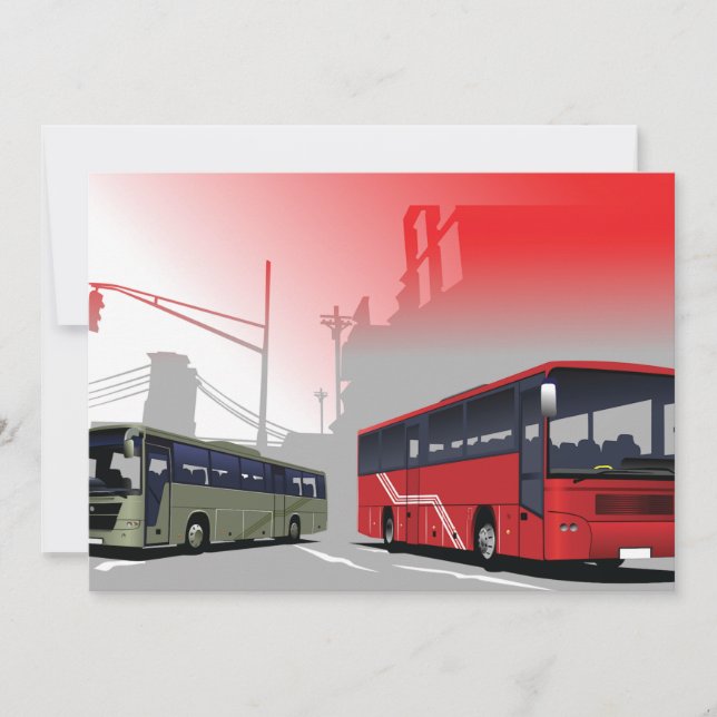 City Buses Red Green Coaches on Urban Street Invitation (Front)