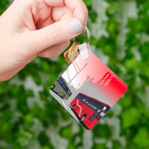 City Buses Red Green Coaches on Urban Street Key Ring