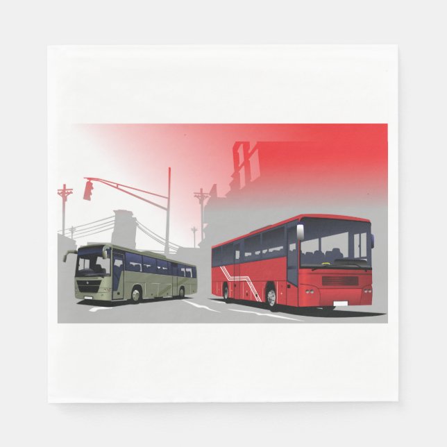 City Buses Red Green Coaches on Urban Street Napkin (Front)