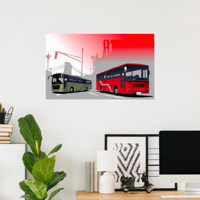 City Buses Red Green Coaches on Urban Street Poster (Creator Uploaded)