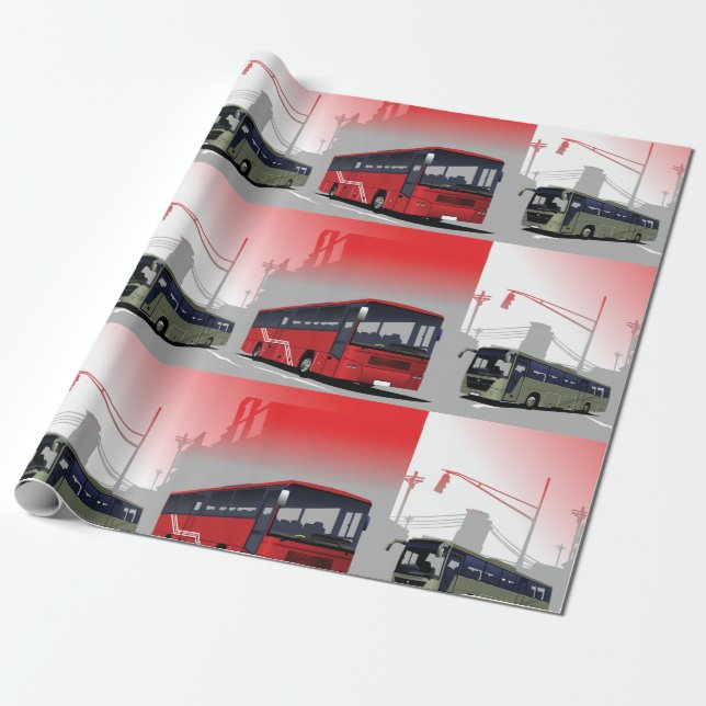 City Buses Red Green Coaches on Urban Street Wrapping Paper (Unrolled)