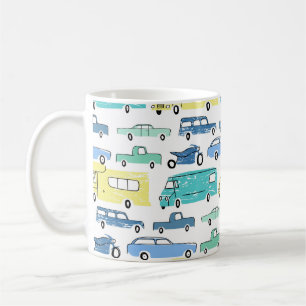 City cars and transport cartoon seamless pattern.  coffee mug