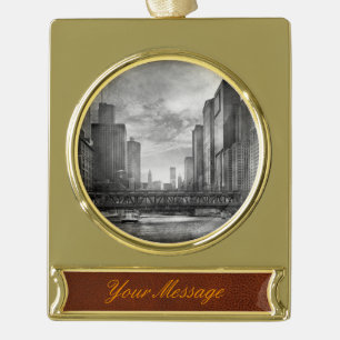 City - Chicago, IL - Looking towards the future BW Gold Plated Banner Ornament