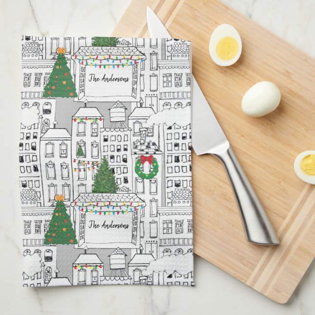 City Christmas Personalised Hand-Drawn Whimsical Tea Towel (Quarter Fold)