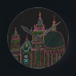 City Glow Bright Neon on Black  Round Clock<br><div class="desc">Enjoy this whimsical city drawing on this colourful clock.
 
 You can always add your own text. Let me know if you'd like something custom made. 
 
 If you buy it,  thank you! Be sure to share a pic on Instagram of it in action and tag me @shoshannahscribbles :)</div>