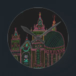 City Glow Bright Neon on Black  Round Clock<br><div class="desc">Enjoy this whimsical city drawing on this colourful clock.
 
 You can always add your own text. Let me know if you'd like something custom made. 
 
 If you buy it,  thank you! Be sure to share a pic on Instagram of it in action and tag me @shoshannahscribbles :)</div>