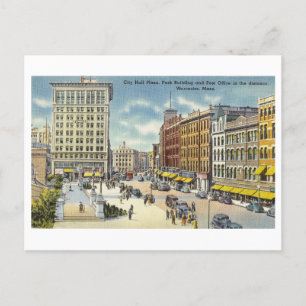 City Hall Plaza in Worcester, Mass., Vintage Postcard