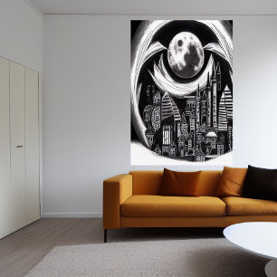 City in the night, moon in the sky   AI Art Poster