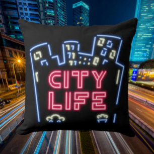 City Life Neon Nights Throw Pillow – Urban Skyline