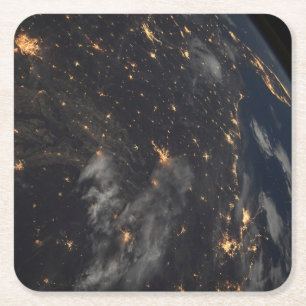 City Lights At Night On Planet Earth Square Paper Coaster